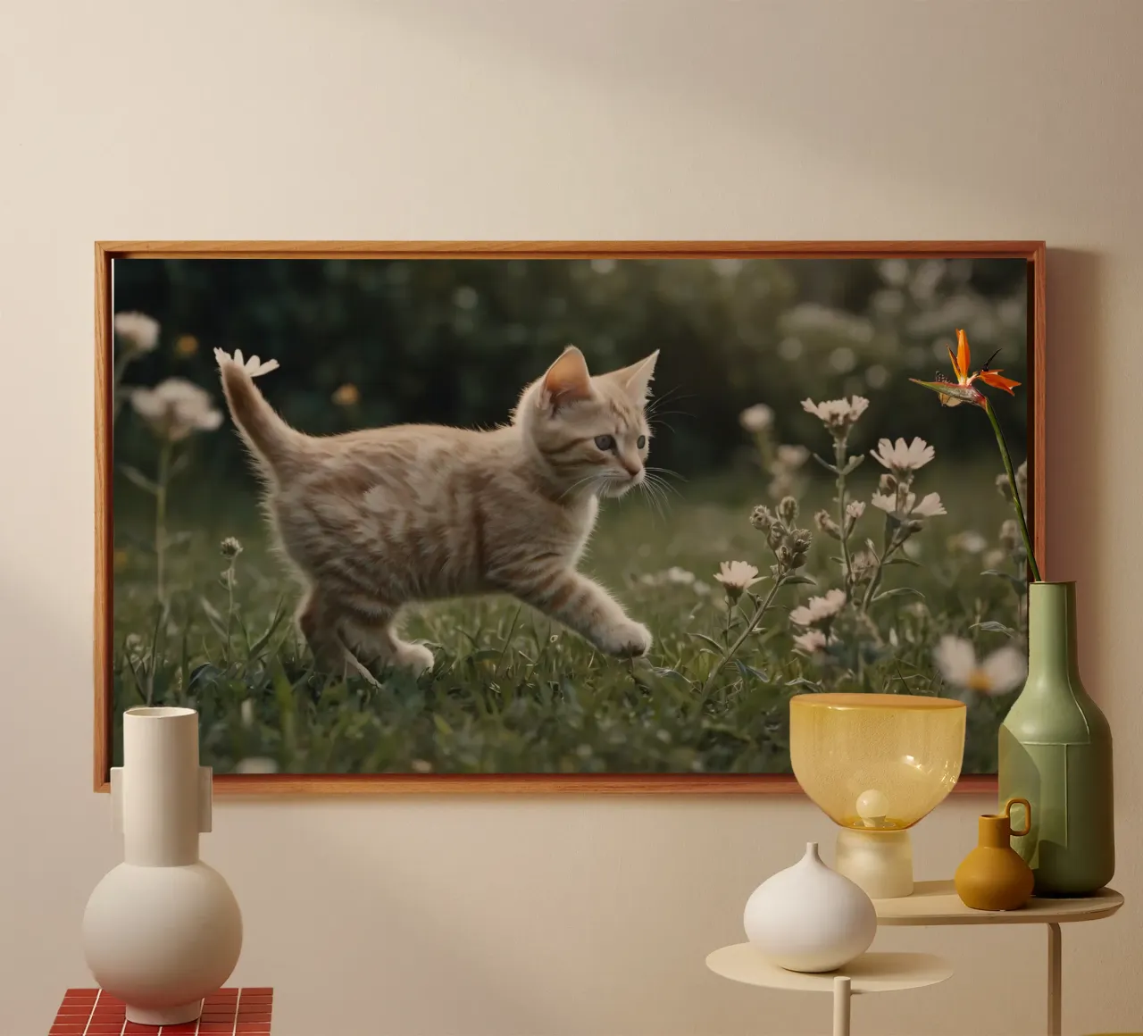 Playful kitten exploring a flower-filled garden on a sunny d canvas with Floater frame by DesignDoodle