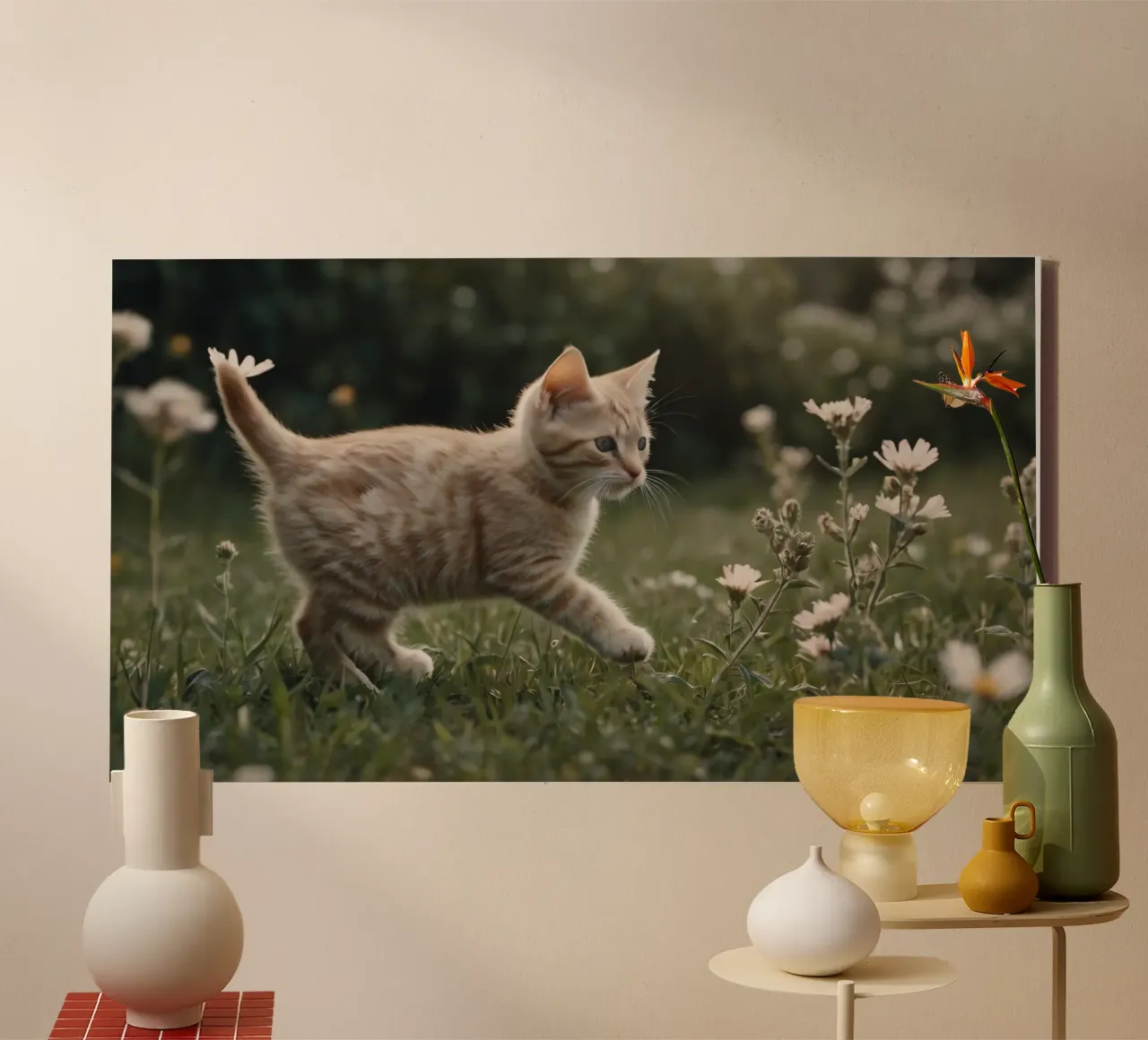 Playful kitten exploring a flower-filled garden on a sunny d canvas with Floater frame by DesignDoodle