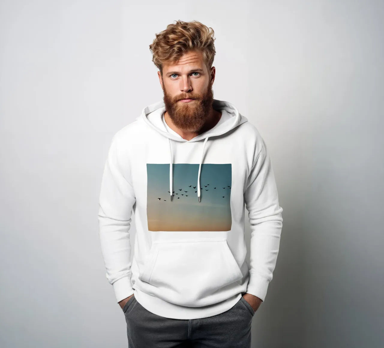 Stormo di uccelli che vola in formazione su un tramonto vibrante felpa con cappuccio da DesignDoodle
