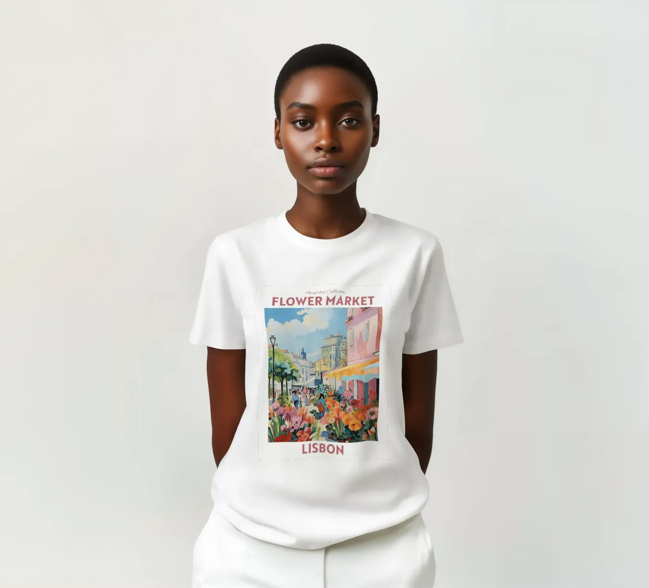 Mercato dei fiori, Lisbona, Portogallo Viaggio botanico t-shirt da Peaches Art Prints