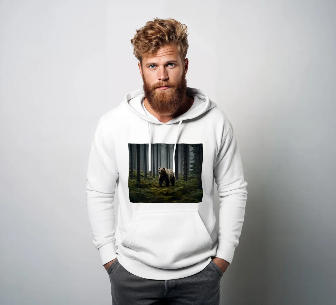 Maestoso orso bruno che si aggira in una foresta nebbiosa all'alba felpa con cappuccio da DesignDoodle