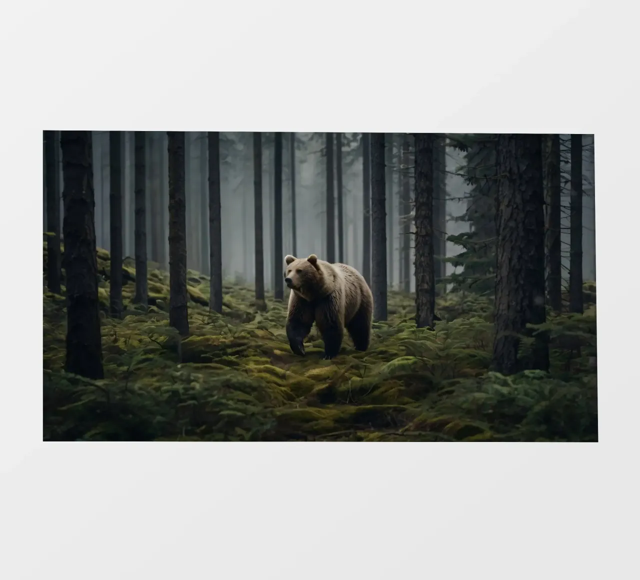 Maestoso orso bruno che si aggira in una foresta nebbiosa all'alba pellicola backlit da DesignDoodle