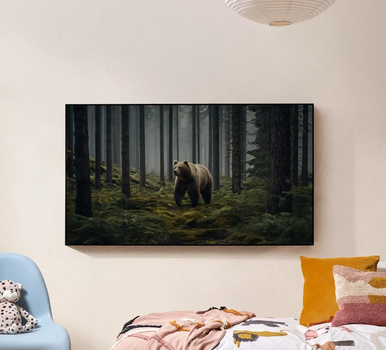 Ours brun majestueux errant dans une forêt brumeuse à l'aube plexiglas de DesignDoodle