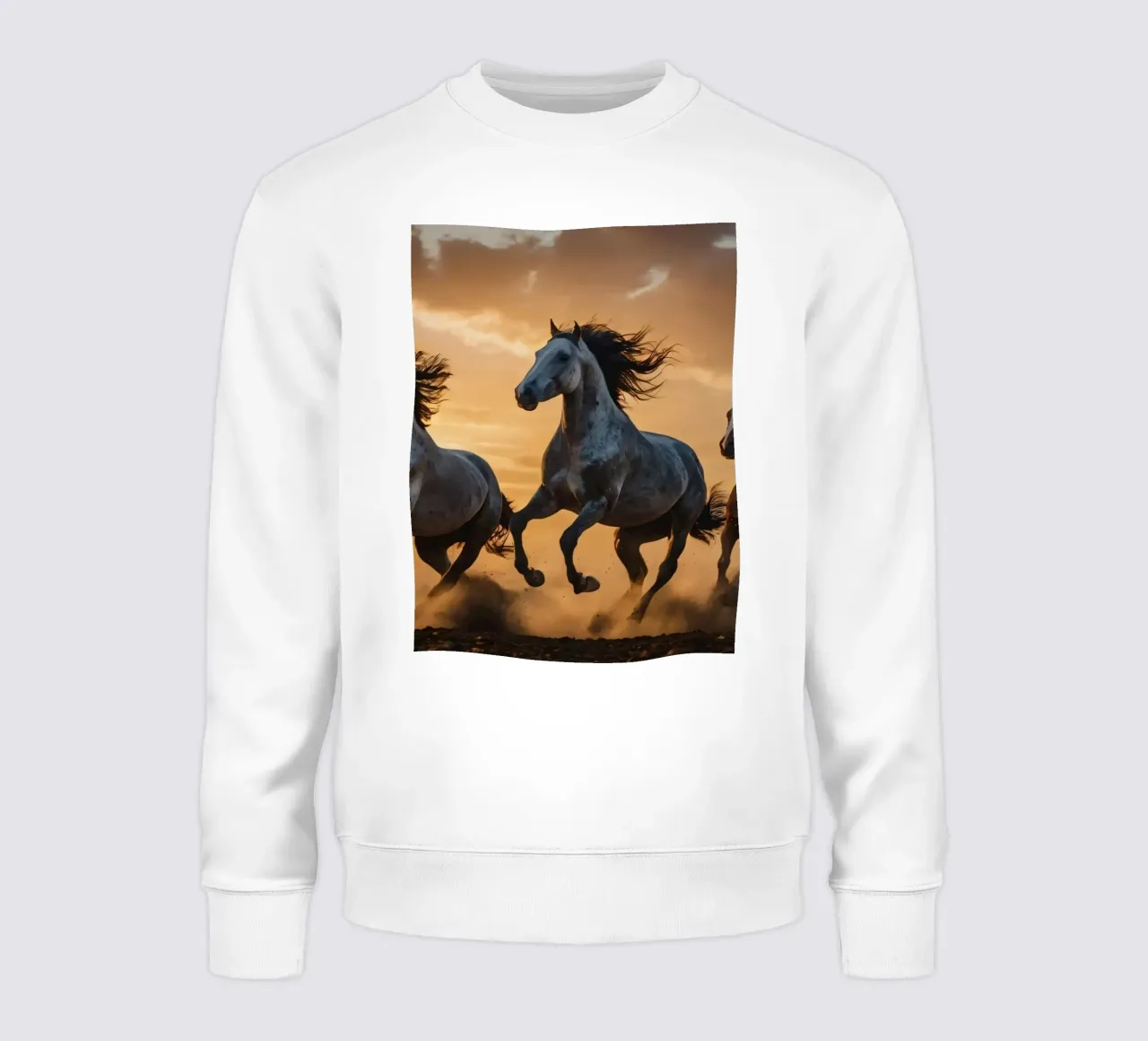 Horses running across an open field at sunset dramatic cloud sweatshirt by DesignDoodle