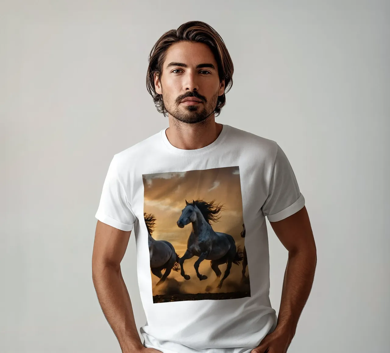 Horses running across an open field at sunset dramatic cloud t-shirt by DesignDoodle