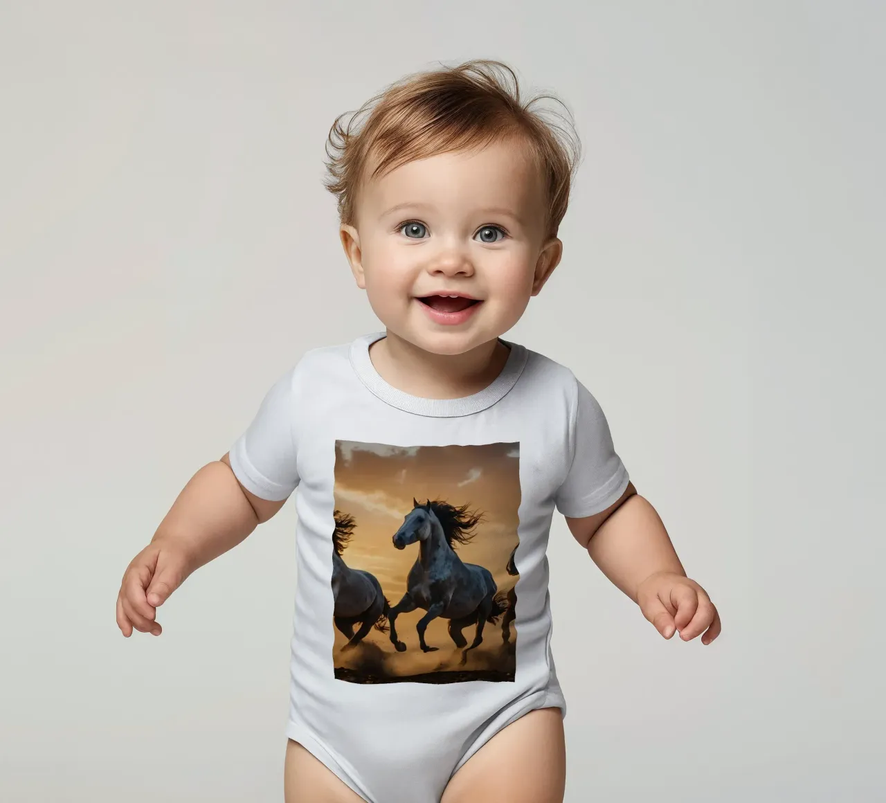 Horses running across an open field at sunset dramatic cloud short-sleeve baby romper by DesignDoodle