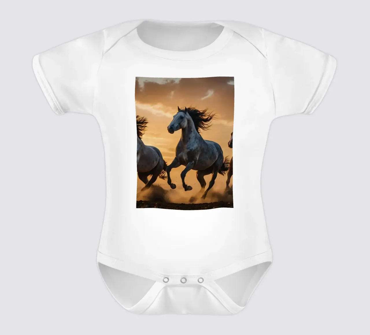 Horses running across an open field at sunset dramatic cloud short-sleeve baby romper by DesignDoodle