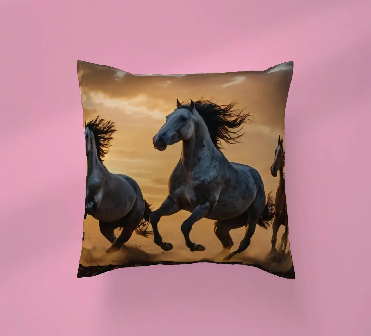 Horses running across an open field at sunset dramatic cloud decorative cushion by DesignDoodle