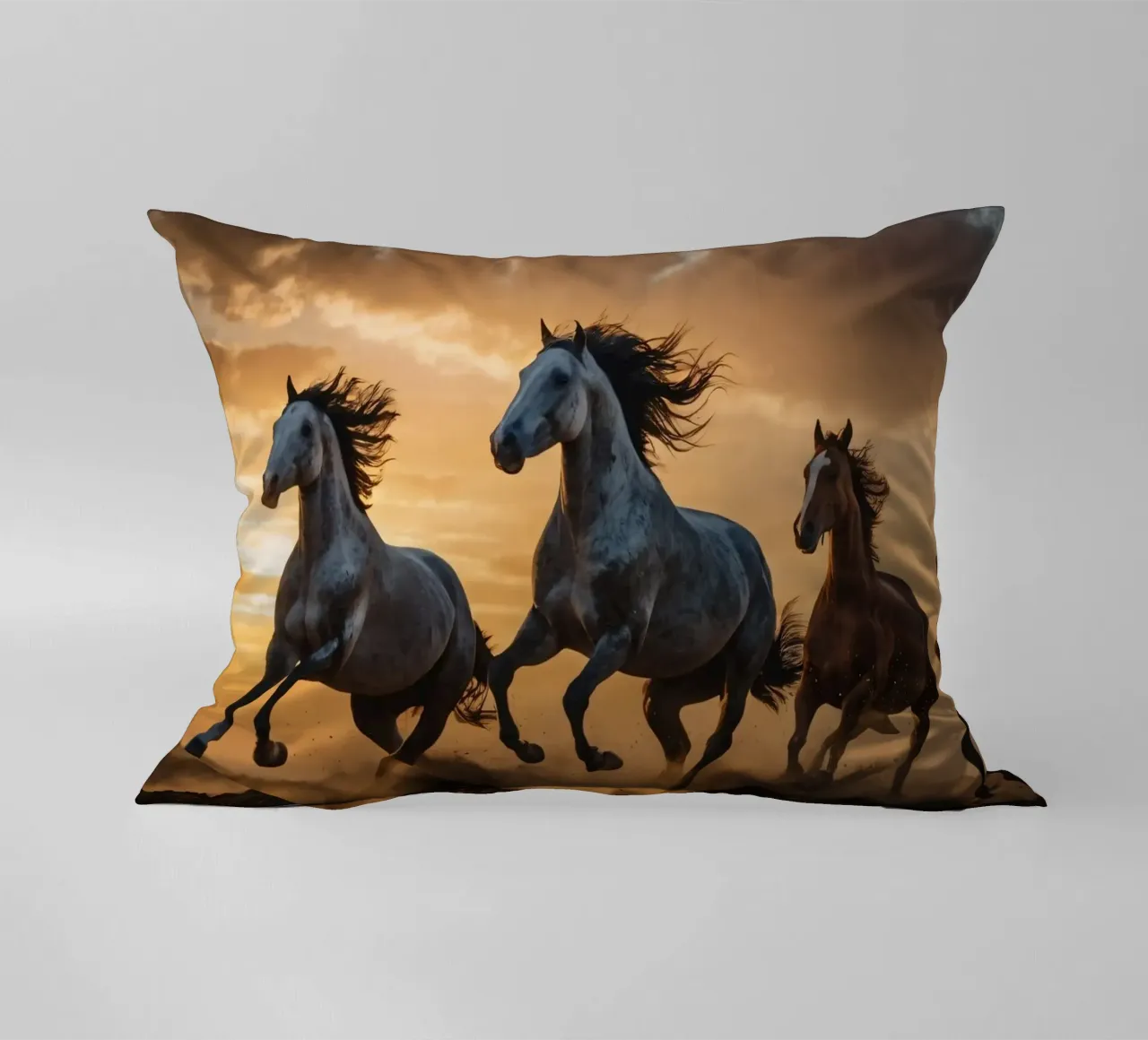Horses running across an open field at sunset dramatic cloud decorative cushion by DesignDoodle