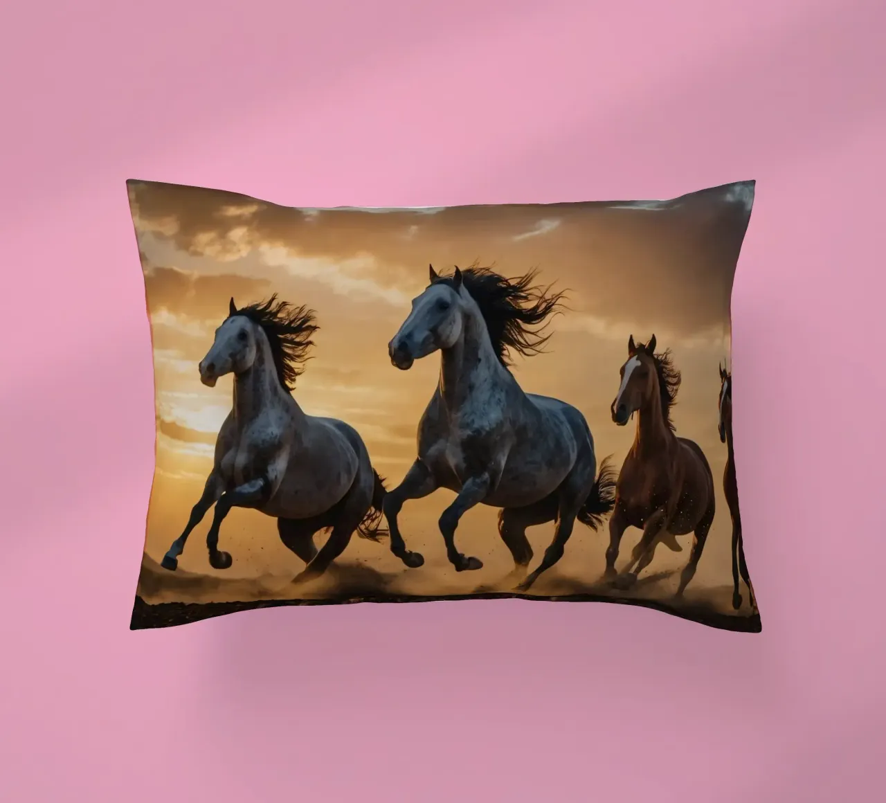 Horses running across an open field at sunset dramatic cloud decorative cushion by DesignDoodle
