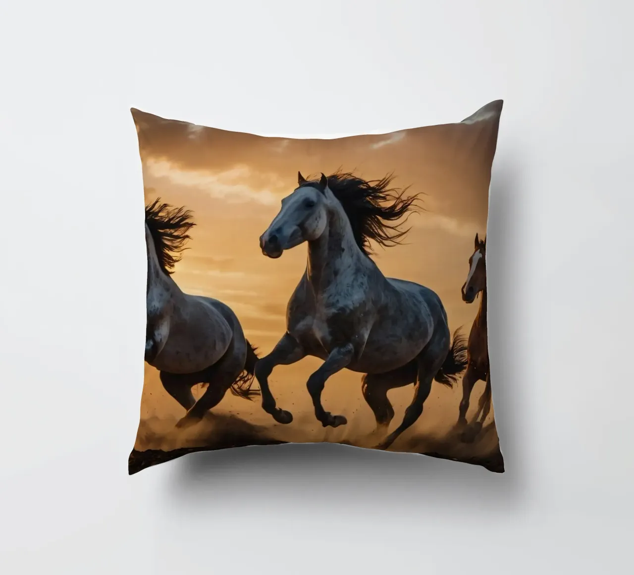 Horses running across an open field at sunset dramatic cloud decorative cushion by DesignDoodle