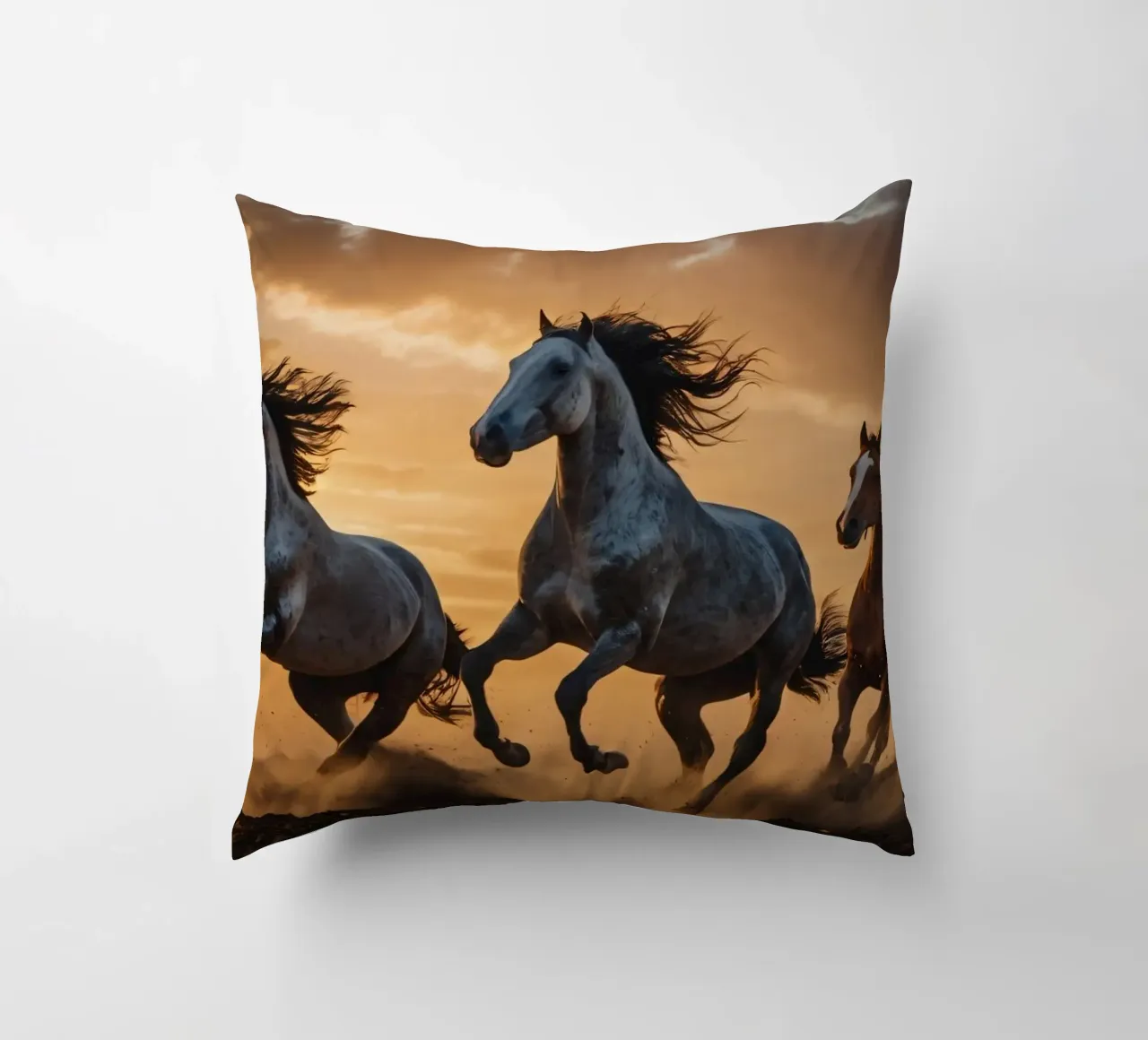 Horses running across an open field at sunset dramatic cloud decorative cushion by DesignDoodle