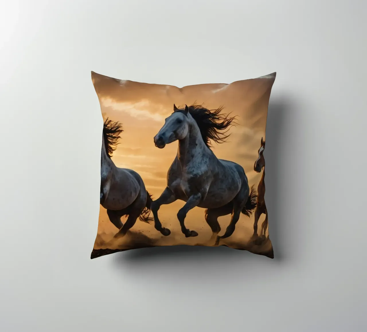 Horses running across an open field at sunset dramatic cloud decorative cushion by DesignDoodle