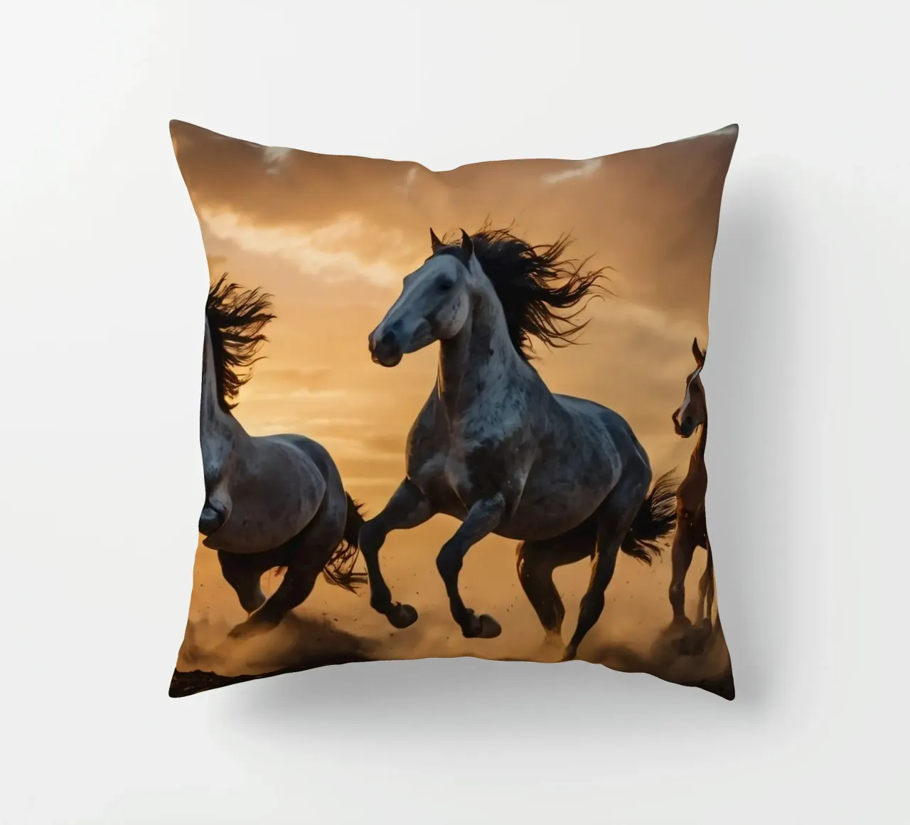 Horses running across an open field at sunset dramatic cloud decorative cushion by DesignDoodle