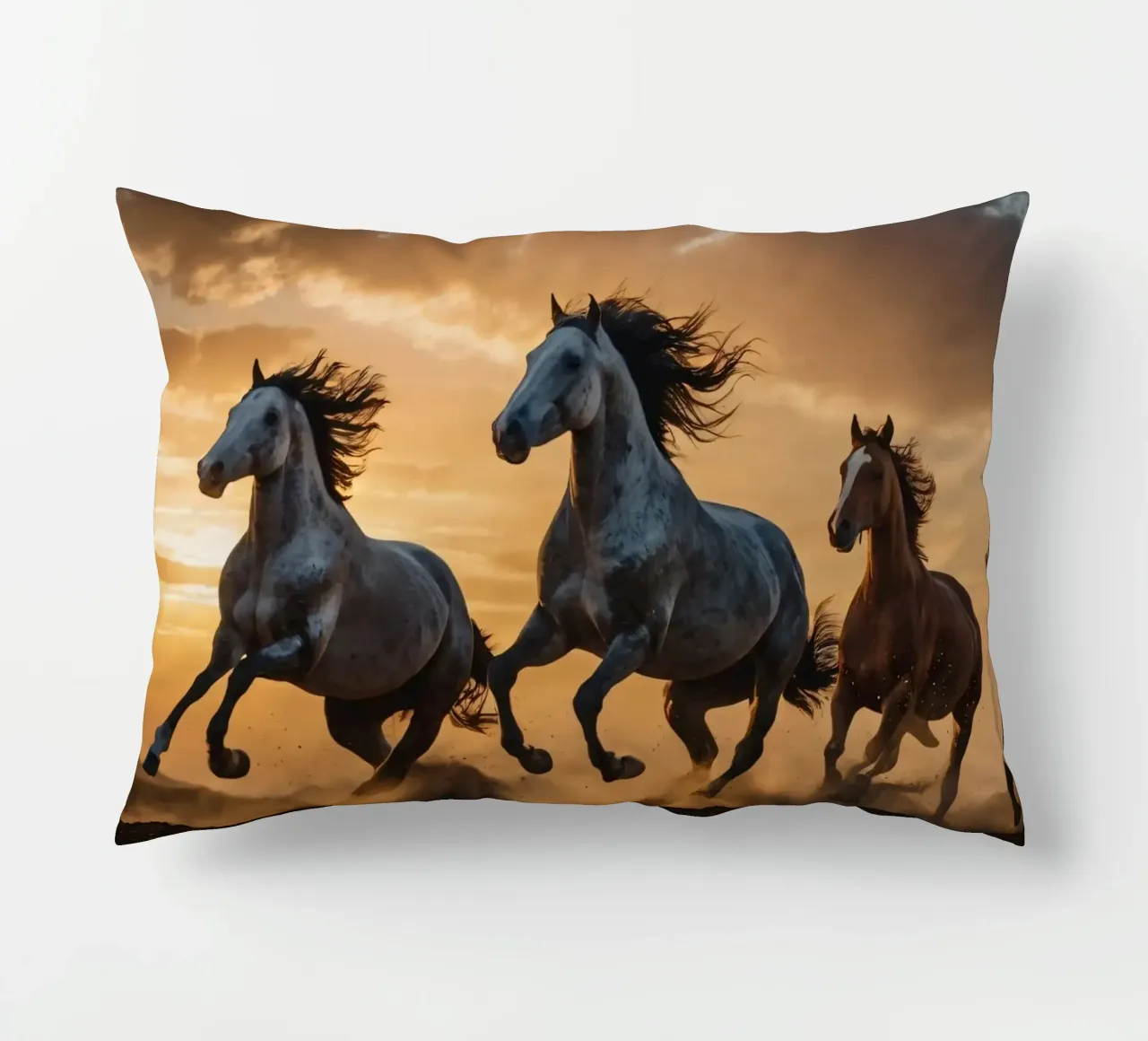 Horses running across an open field at sunset dramatic cloud decorative cushion by DesignDoodle