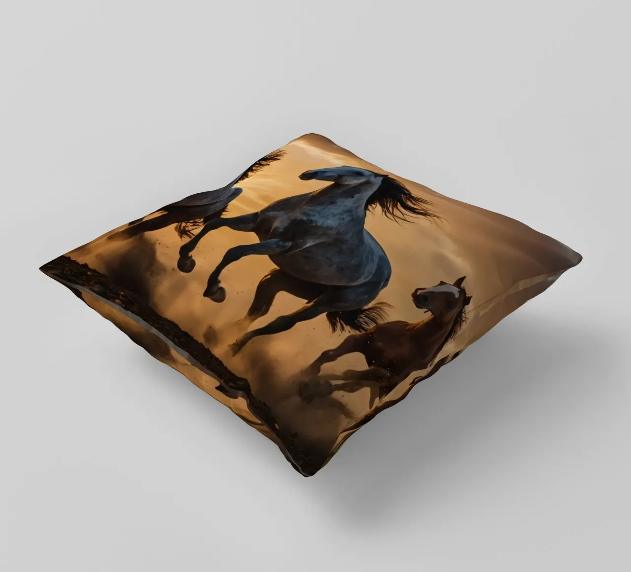 Horses running across an open field at sunset dramatic cloud decorative cushion by DesignDoodle