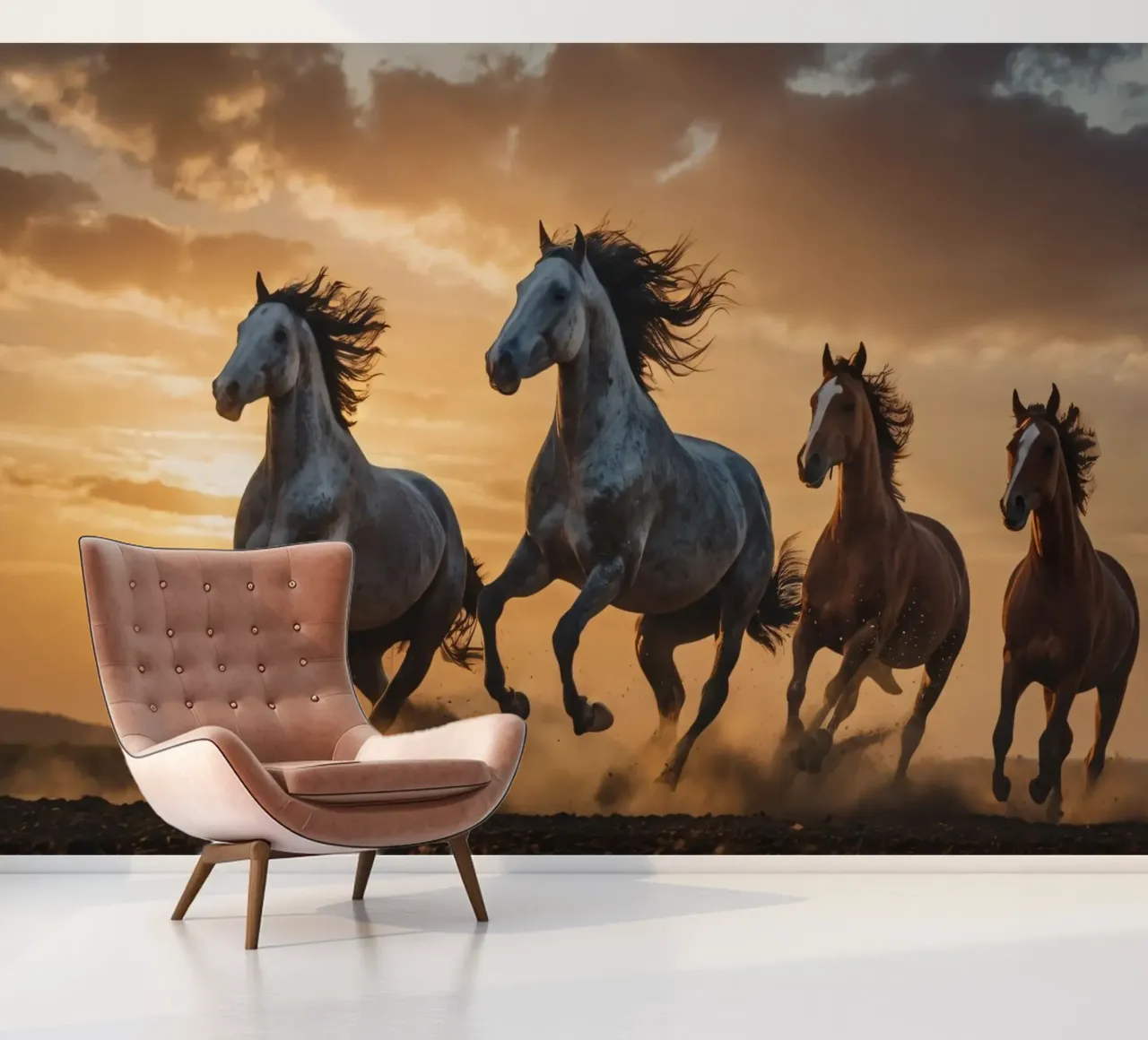 Horses running across an open field at sunset dramatic cloud photo wallpaper by DesignDoodle