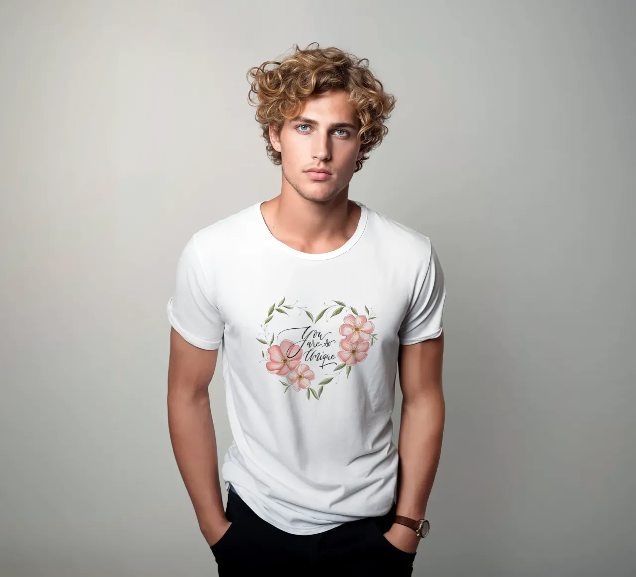 Cuore floreale e dichiarazione d'amore e di apprezzamento. Unico t-shirt da CalliLetters