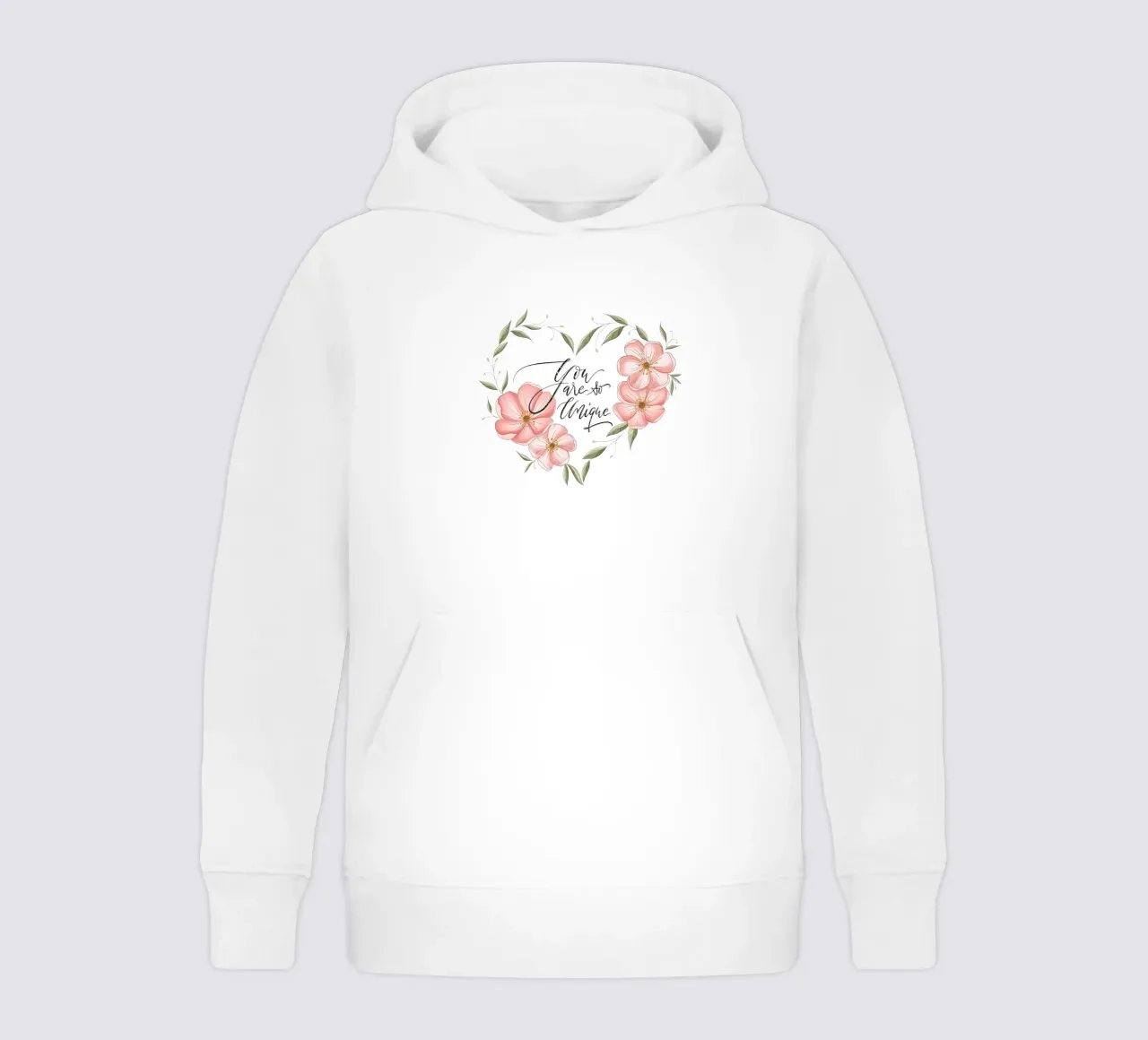 Cuore floreale e dichiarazione d'amore e di apprezzamento. Unico felpa bambino con cappuccio da CalliLetters