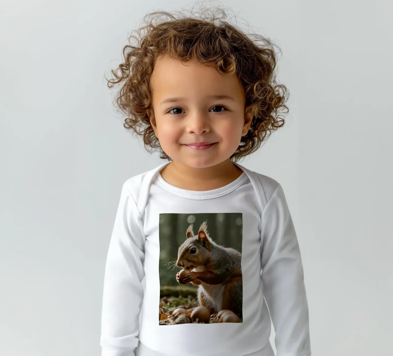 Squirrel foraging for acorns in a sunlit forest during autum long-sleeve baby romper by DesignDoodle