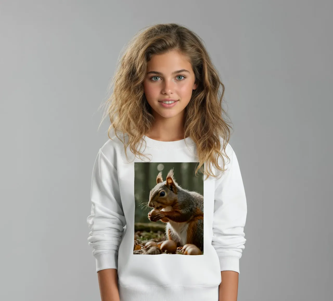 Squirrel foraging for acorns in a sunlit forest during autum kids sweatshirt by DesignDoodle