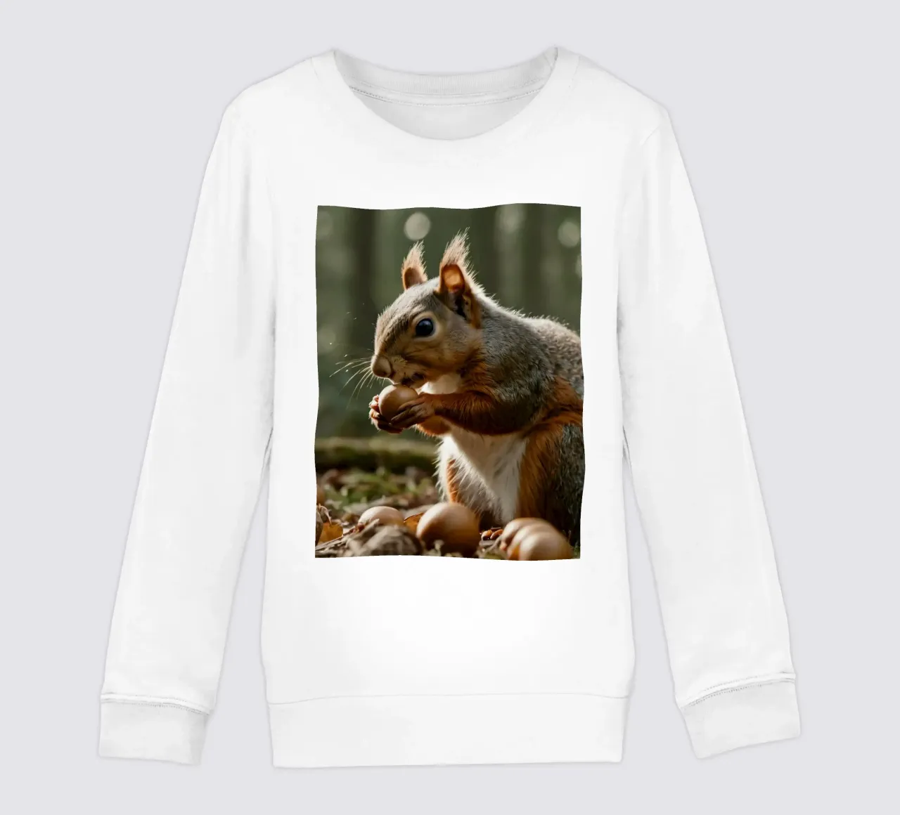 Squirrel foraging for acorns in a sunlit forest during autum kids sweatshirt by DesignDoodle