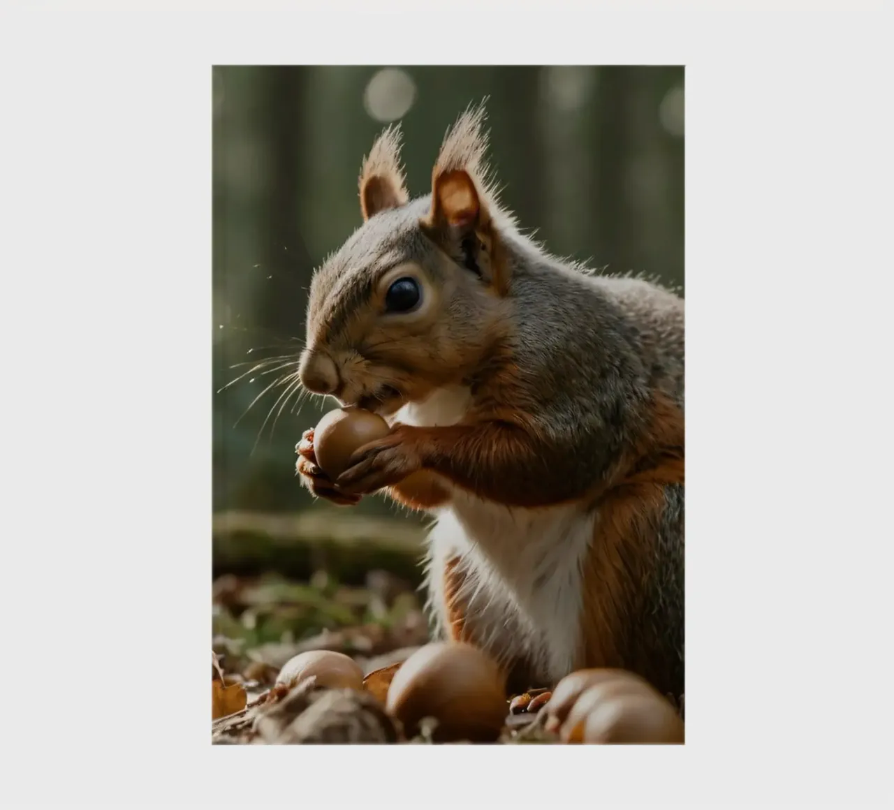 Squirrel foraging for acorns in a sunlit forest during autum notebook by DesignDoodle