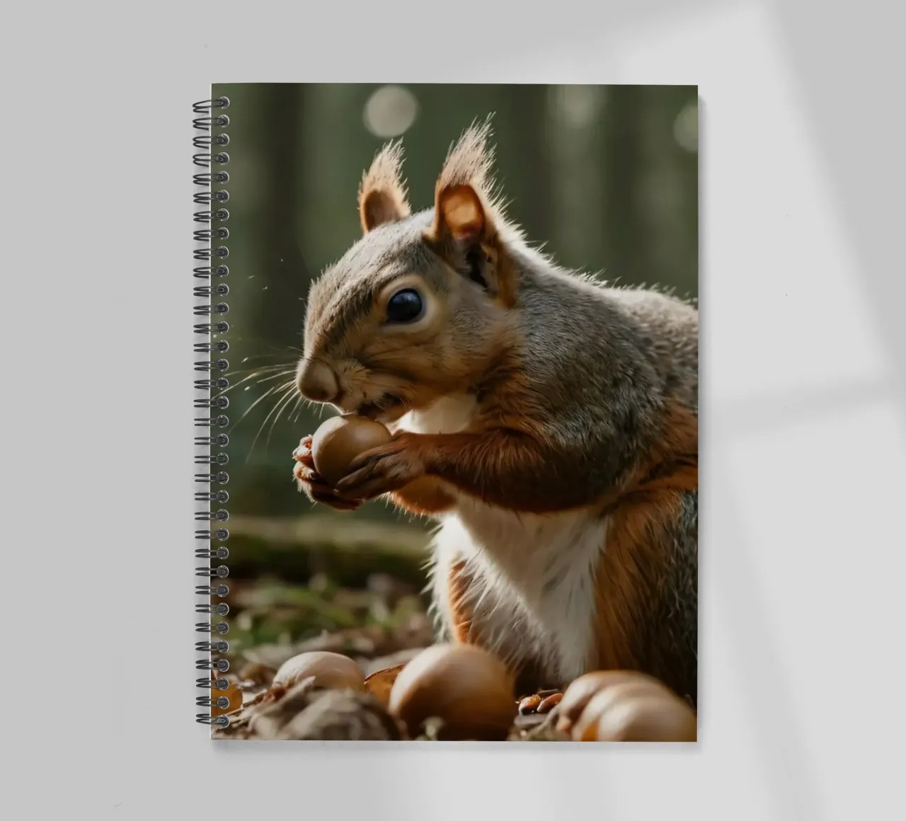 Squirrel foraging for acorns in a sunlit forest during autum spiral notebook by DesignDoodle