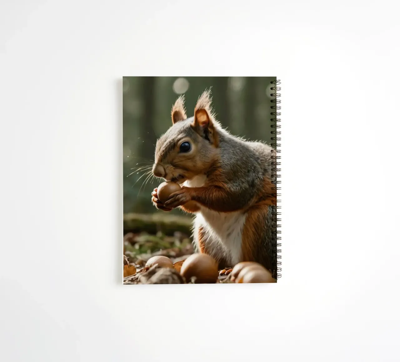 Squirrel foraging for acorns in a sunlit forest during autum spiral notebook by DesignDoodle
