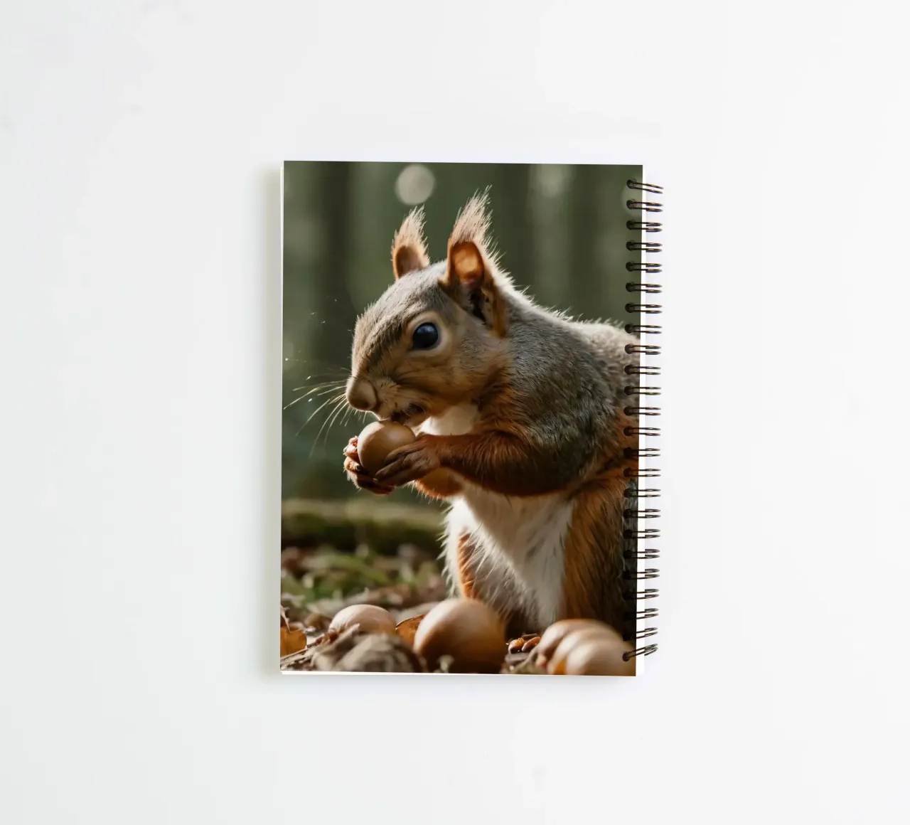 Squirrel foraging for acorns in a sunlit forest during autum spiral notebook by DesignDoodle