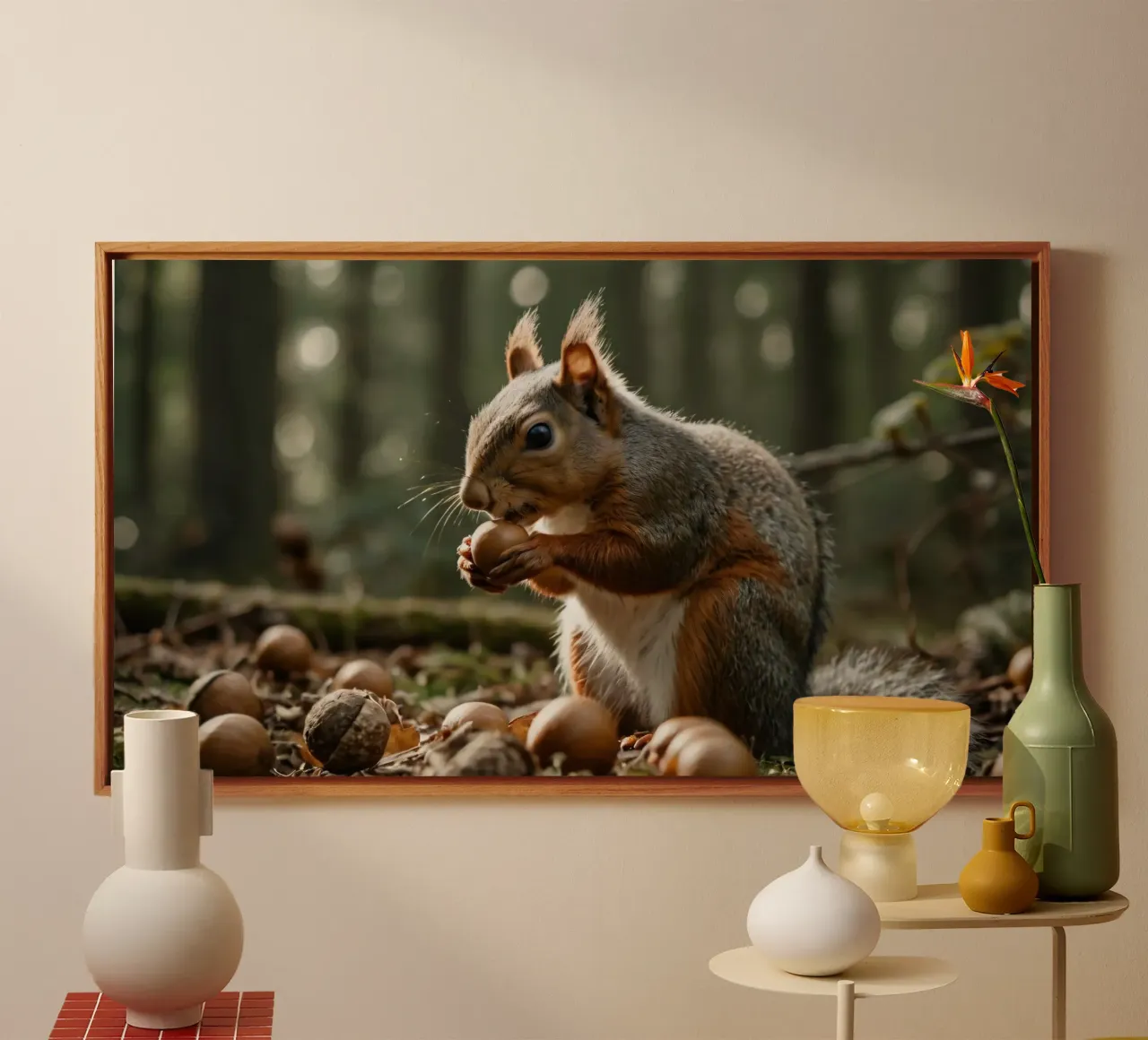 Squirrel foraging for acorns in a sunlit forest during autum canvas by DesignDoodle