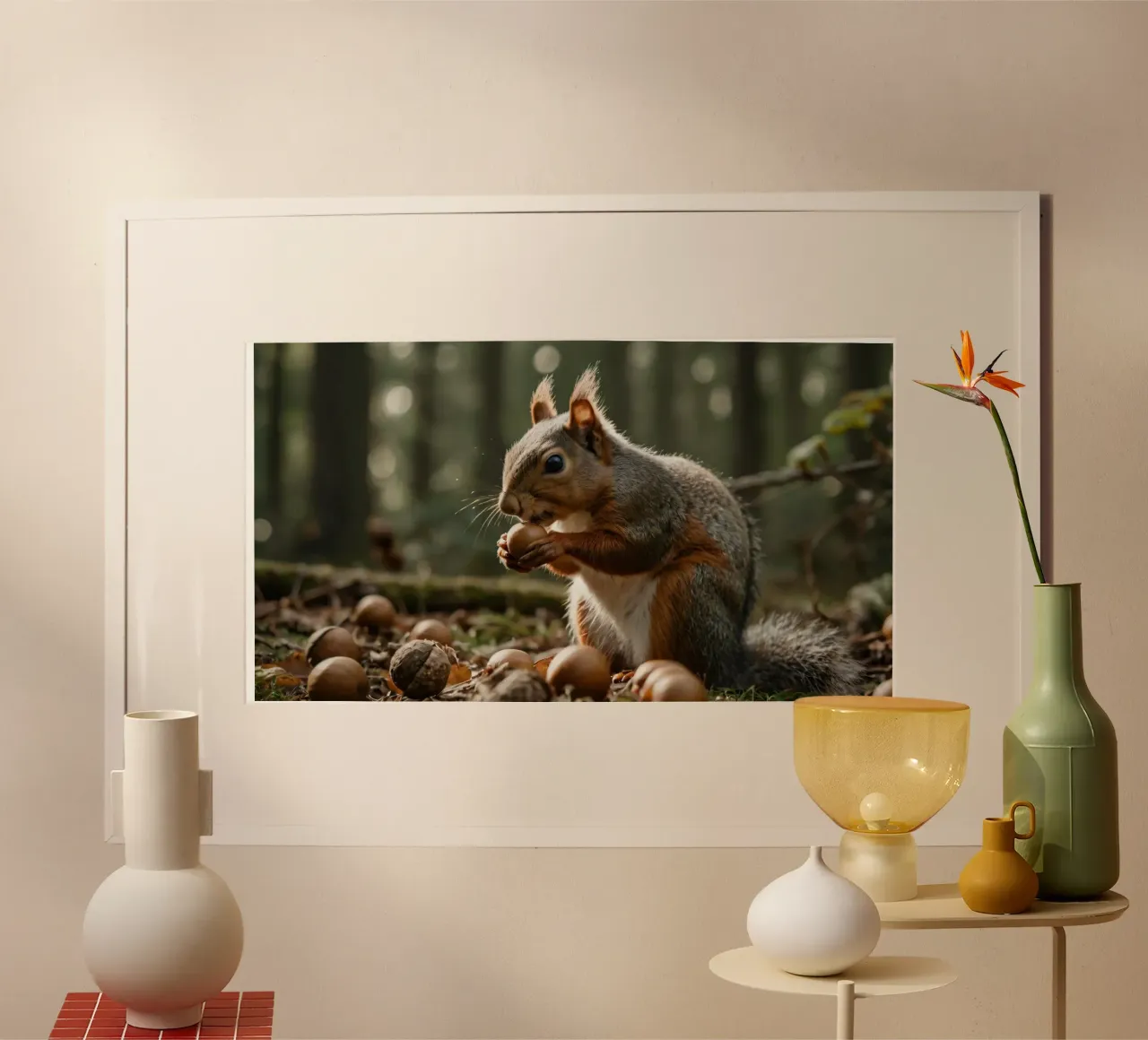 Scoiattolo in cerca di ghiande in una foresta illuminata dal sole durante l'autunno poster da DesignDoodle