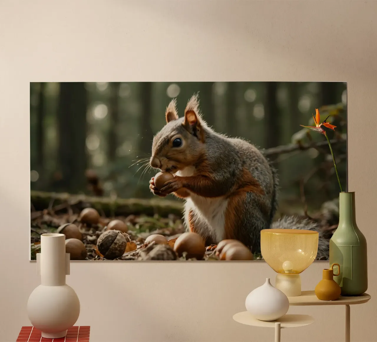 Scoiattolo in cerca di ghiande in una foresta illuminata dal sole durante l'autunno poster da DesignDoodle