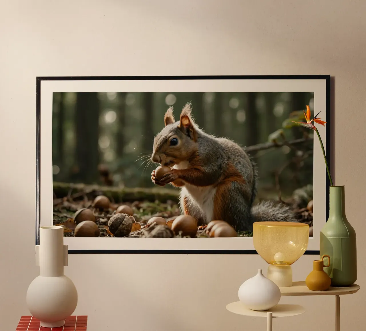 Scoiattolo in cerca di ghiande in una foresta illuminata dal sole durante l'autunno poster da DesignDoodle