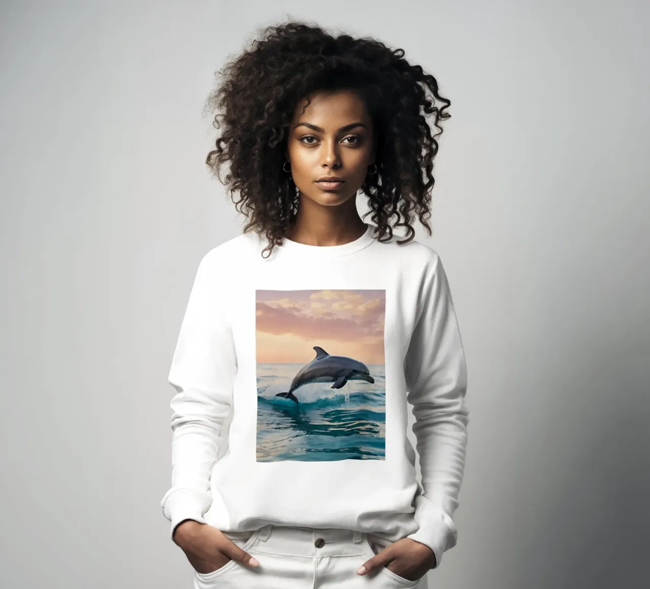 Delphin springt anmutig über die Meeresoberfläche Sonnenuntergang Sweatshirt von DesignDoodle