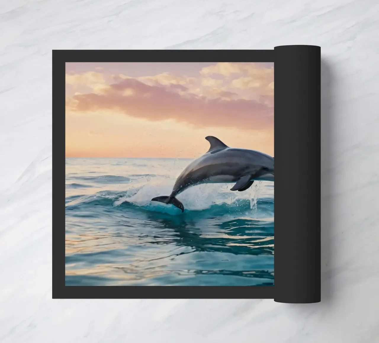 Dolfijn springt sierlijk boven het oceaanoppervlak zonsondergang deurmat van DesignDoodle
