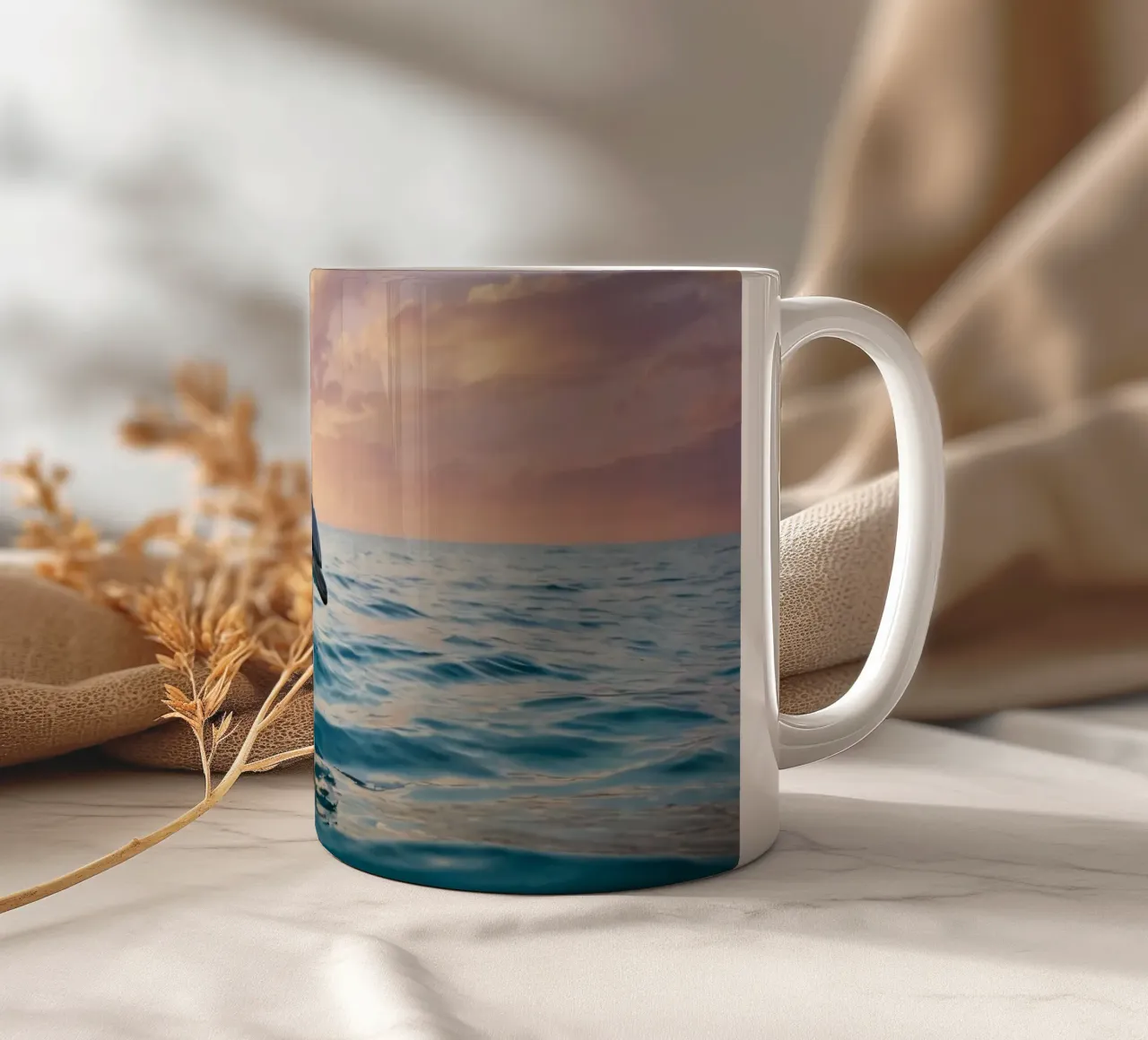 Dolfijn springt sierlijk boven het oceaanoppervlak zonsondergang keramische mok van DesignDoodle