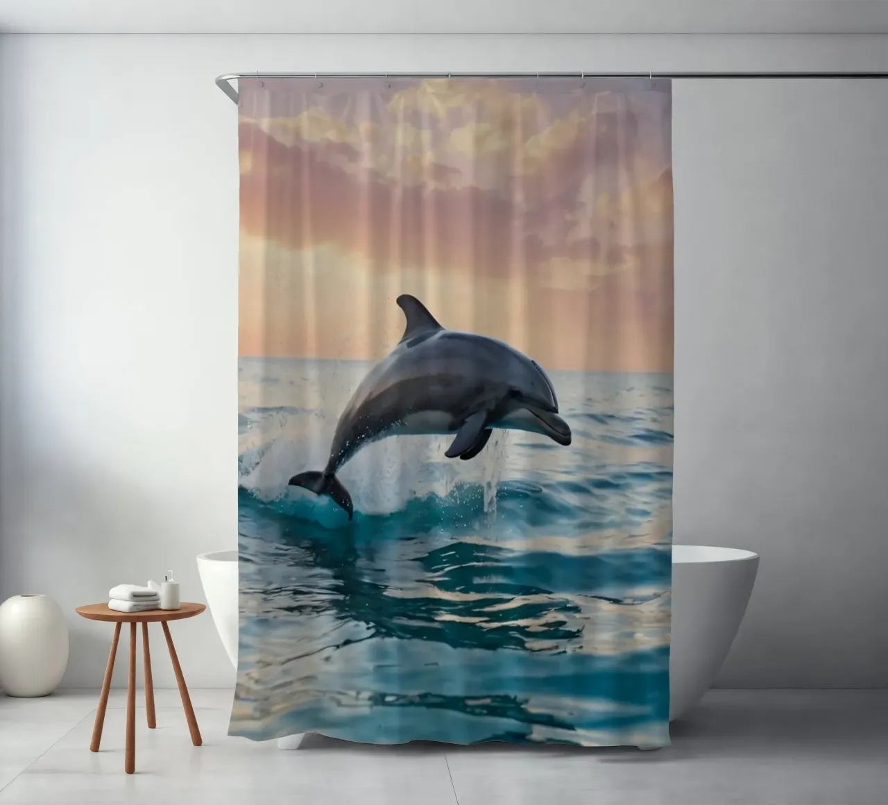 Delphin springt anmutig über die Meeresoberfläche Sonnenuntergang Duschvorhang von DesignDoodle
