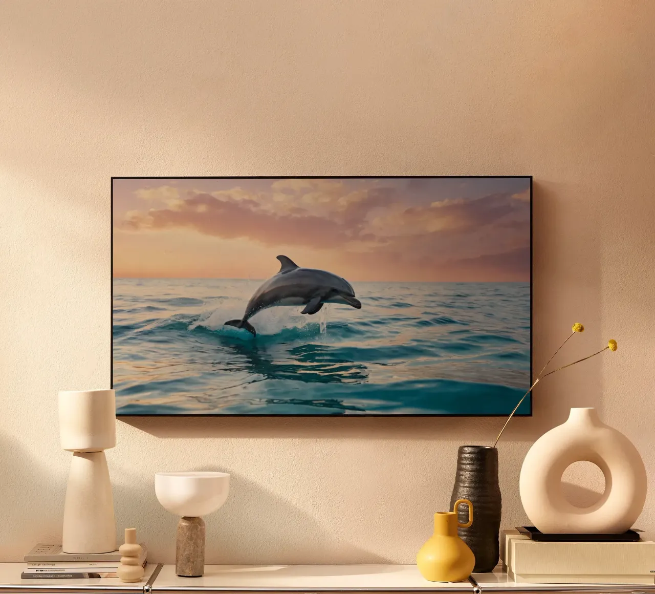 Dolfijn springt sierlijk boven het oceaanoppervlak zonsondergang acryl van DesignDoodle