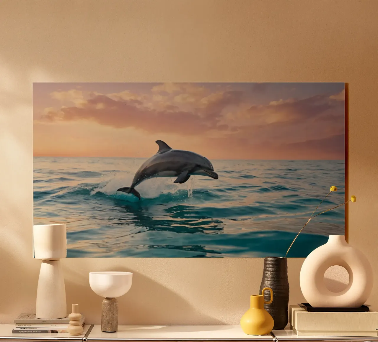 Dolfijn springt sierlijk boven het oceaanoppervlak zonsondergang acryl van DesignDoodle