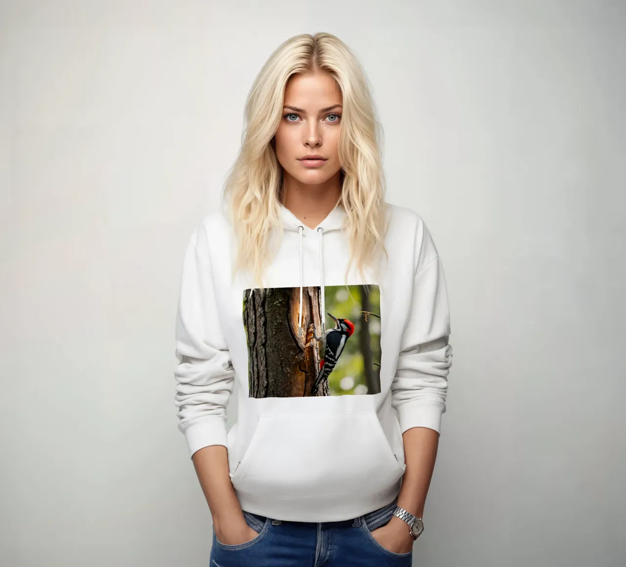 Picchio in cerca di cibo su un tronco d'albero in una foresta rigogliosa felpa con cappuccio da DesignDoodle