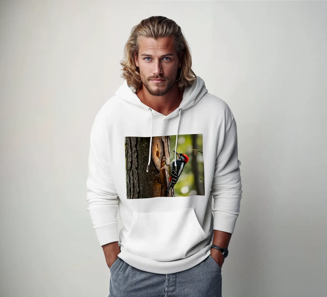 Picchio in cerca di cibo su un tronco d'albero in una foresta rigogliosa felpa con cappuccio da DesignDoodle