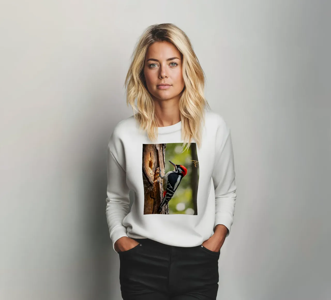 Picchio in cerca di cibo su un tronco d'albero in una foresta rigogliosa felpa da DesignDoodle