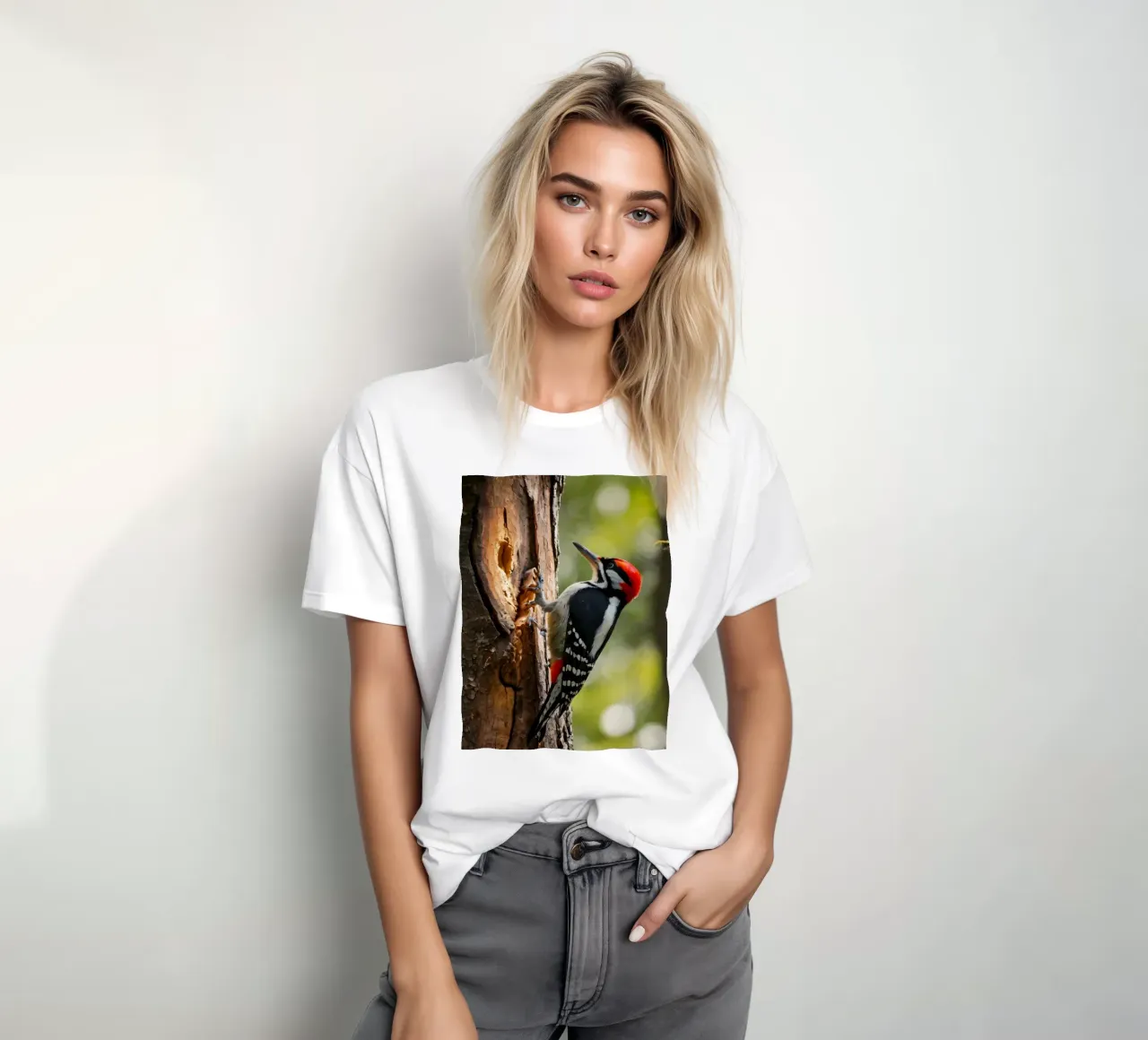Picchio in cerca di cibo su un tronco d'albero in una foresta rigogliosa t-shirt da DesignDoodle