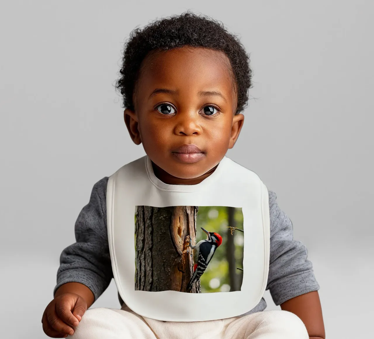 Picchio in cerca di cibo su un tronco d'albero in una foresta rigogliosa bavaglino da DesignDoodle