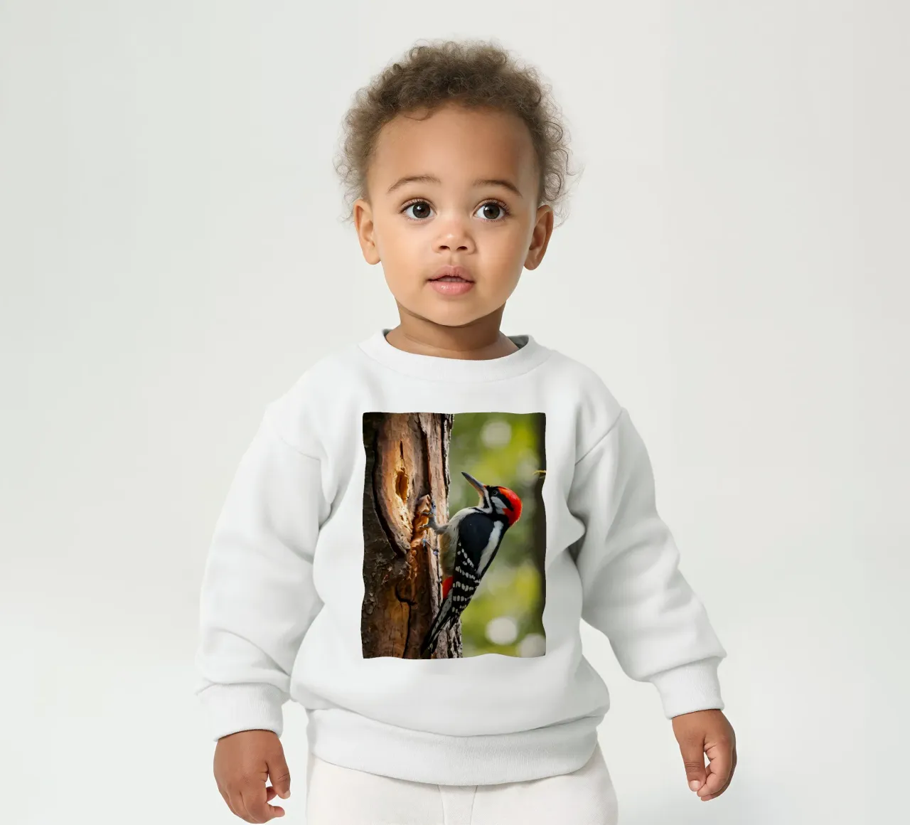 Picchio in cerca di cibo su un tronco d'albero in una foresta rigogliosa felpa neonato da DesignDoodle