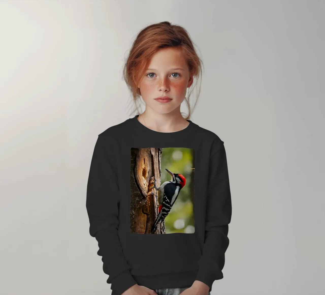 Picchio in cerca di cibo su un tronco d'albero in una foresta rigogliosa felpa bambino da DesignDoodle
