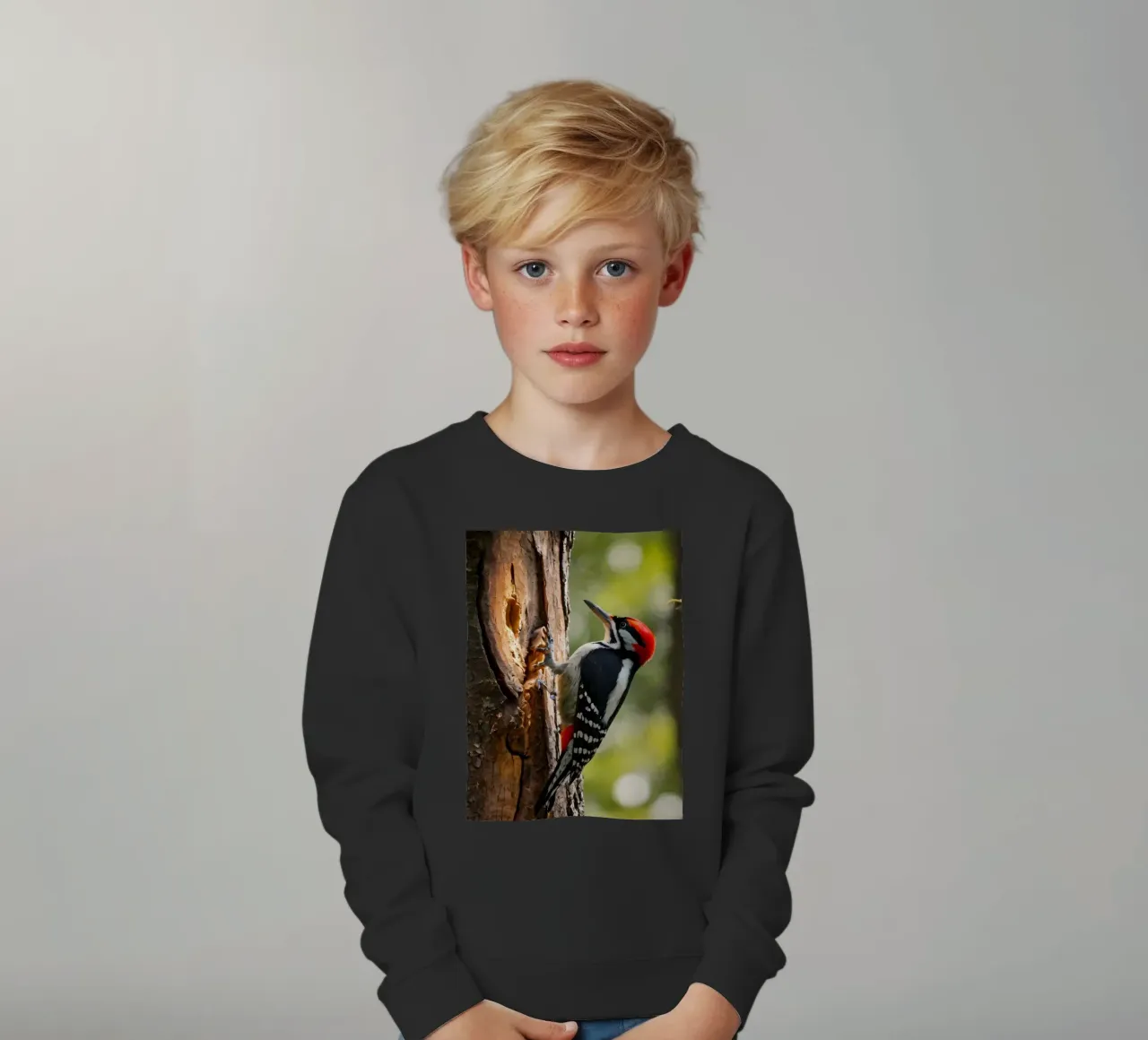Picchio in cerca di cibo su un tronco d'albero in una foresta rigogliosa felpa bambino da DesignDoodle