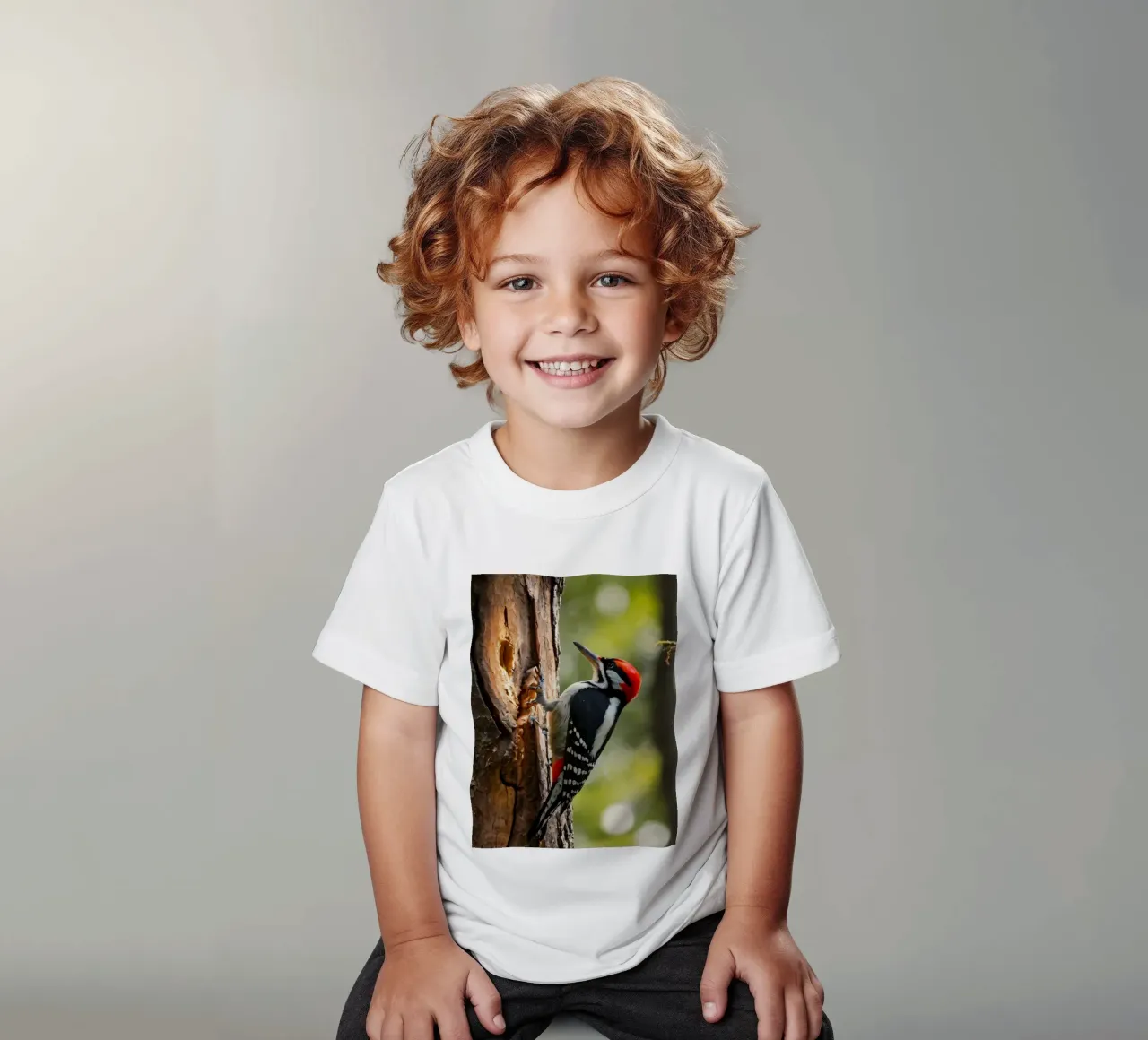 Picchio in cerca di cibo su un tronco d'albero in una foresta rigogliosa t-shirt bambini da DesignDoodle