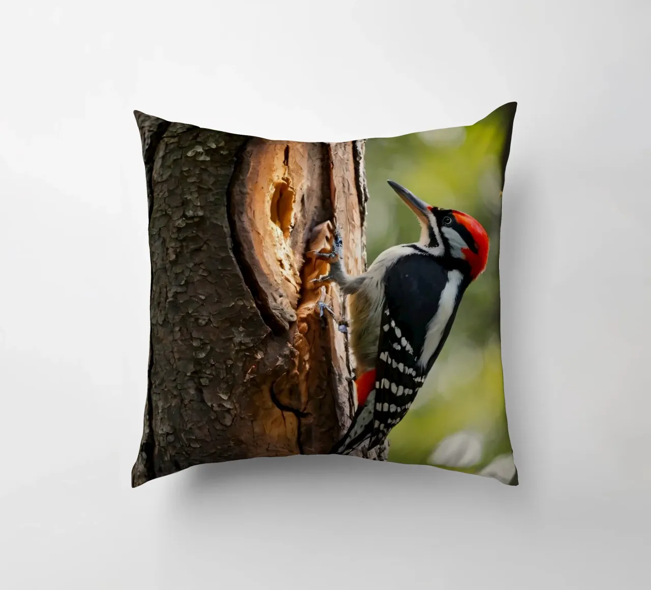 Picchio in cerca di cibo su un tronco d'albero in una foresta rigogliosa cuscino da DesignDoodle